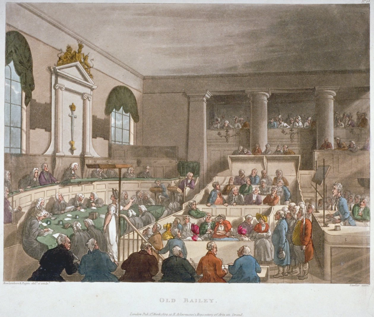 Vista interna della Sessions House, Old Bailey, con un tribunale in sessione, Città di Londra
